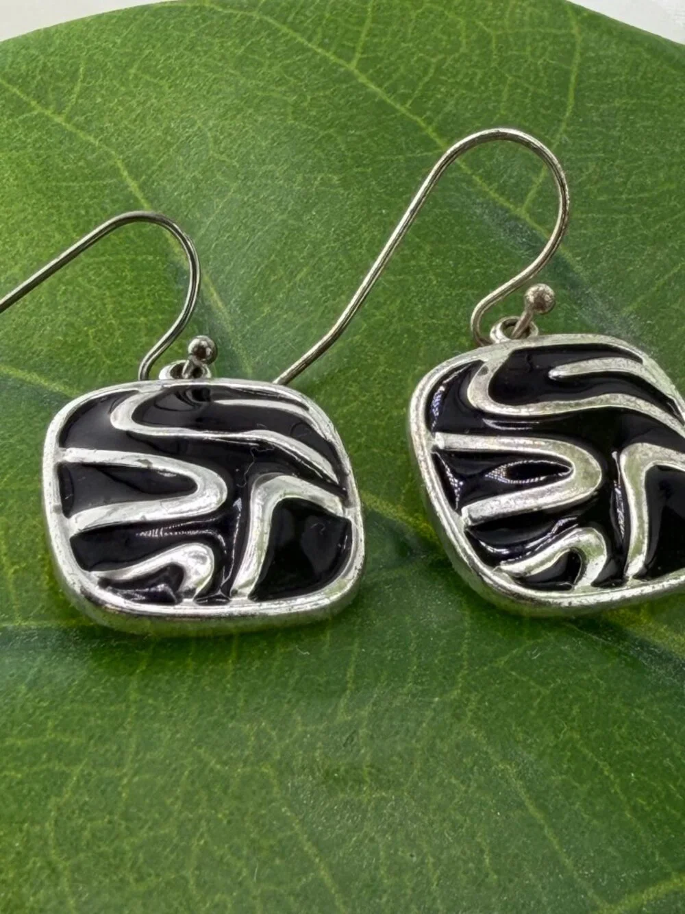 Modern Black Enamel Wave Square Drop Earrings